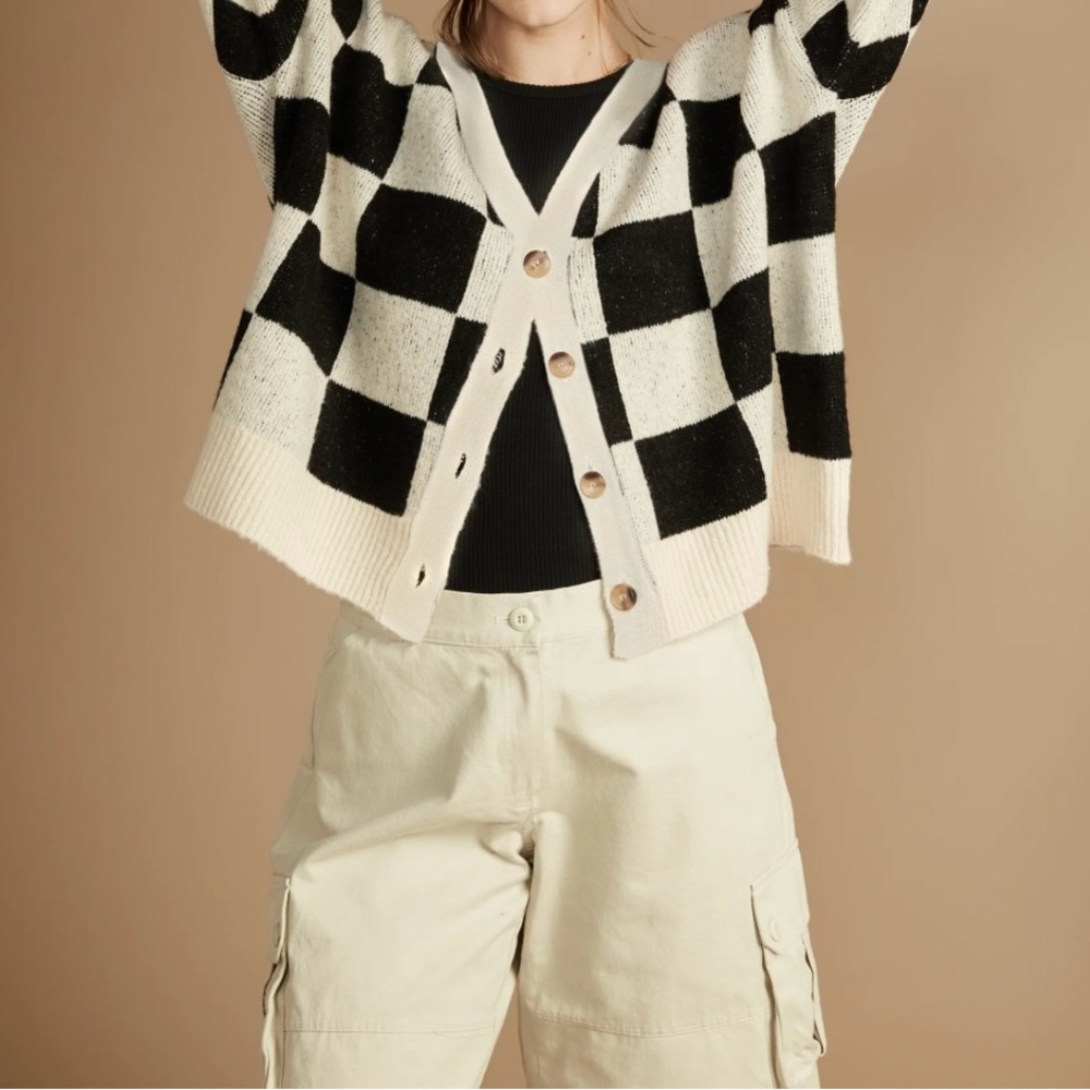 OAK + FORT Black and Cream Checkered Sweater